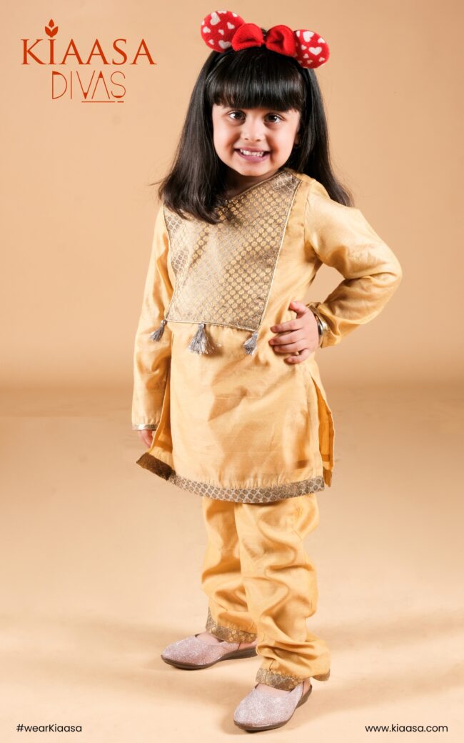 Girls Beige Color Brocade Yoke Kurta with Chanderi Pant