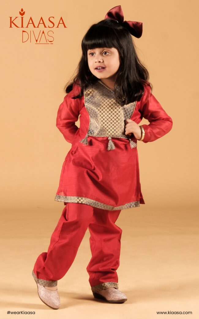 Girls Red Color Brocade Yoke Kurta with Chanderi Pant