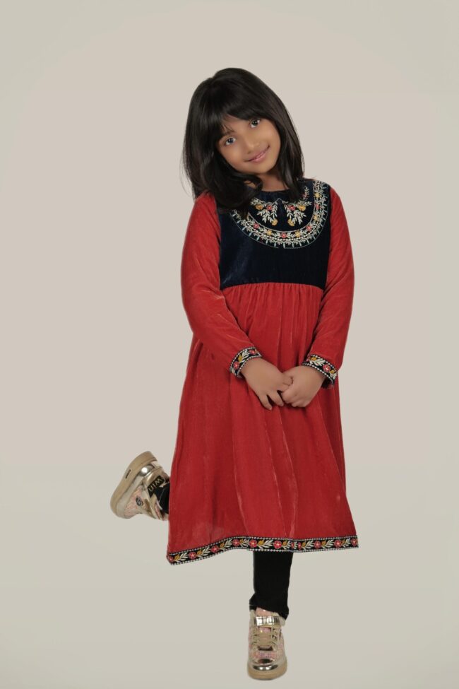 Kids Peach Velvet Embroided Flared Long Dress