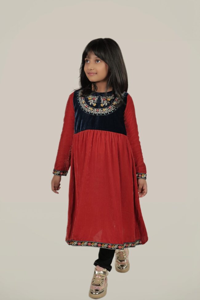 Kids Peach Velvet Embroided Flared Long Dress - Image 5