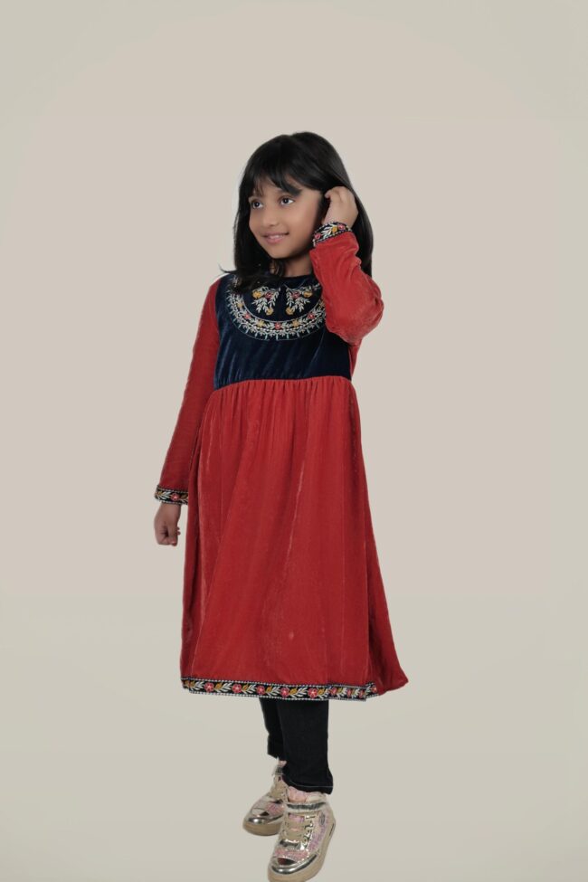 Kids Peach Velvet Embroided Flared Long Dress - Image 6