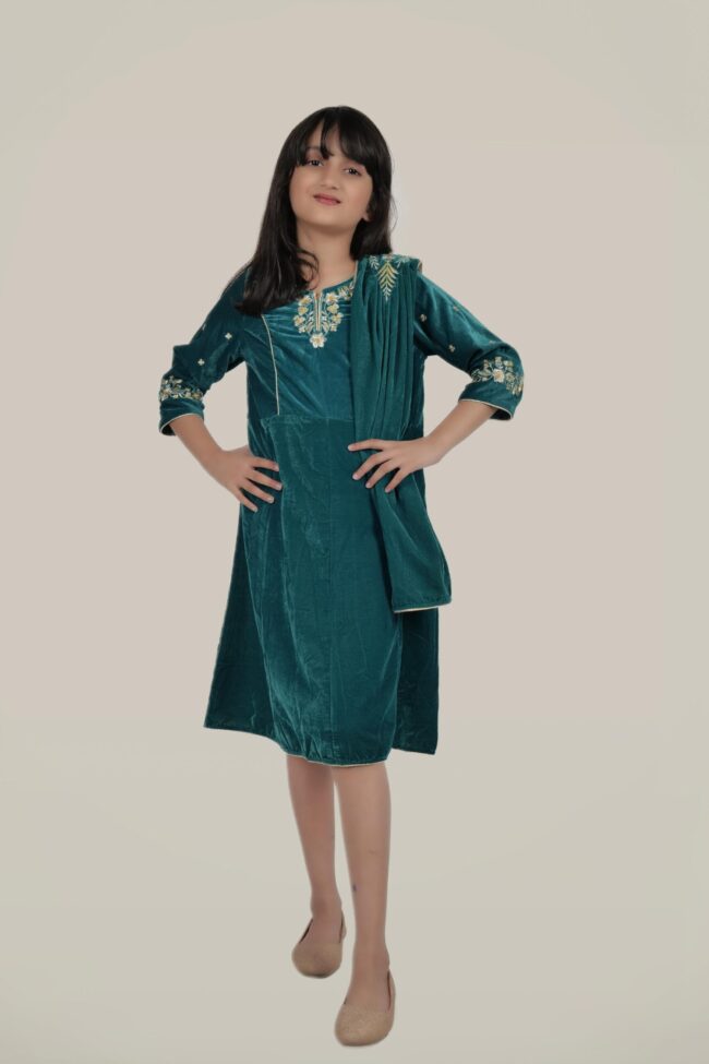 Kids Turquoise Velvet Embroided Flared Long Dress