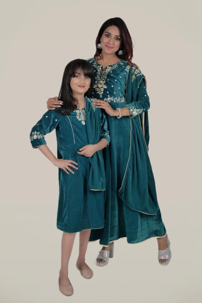 Kids Turquoise Velvet Embroided Flared Long Dress - Image 2