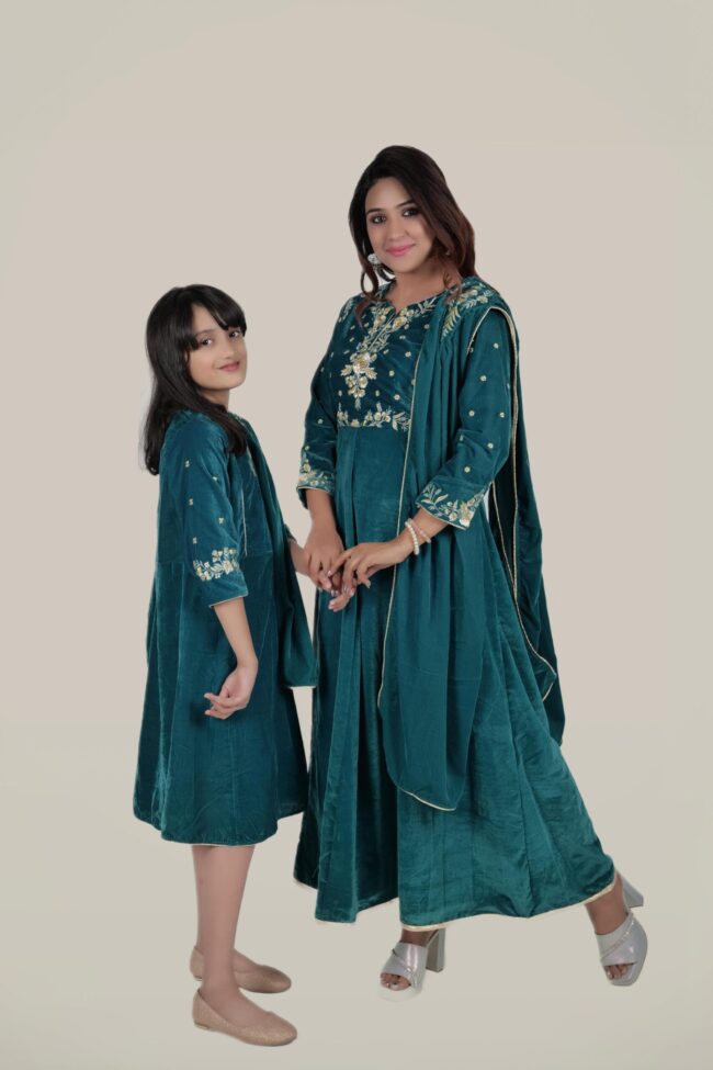 Kids Turquoise Velvet Embroided Flared Long Dress - Image 3