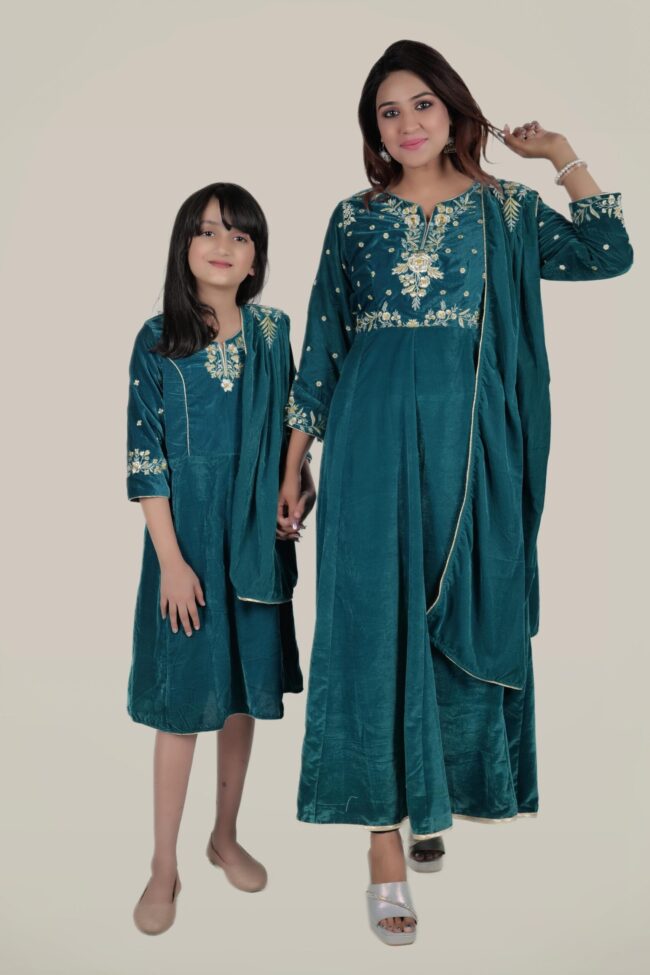 Kids Turquoise Velvet Embroided Flared Long Dress - Image 4