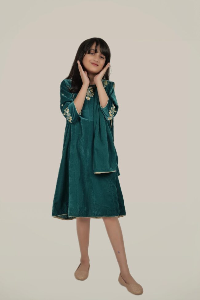 Kids Turquoise Velvet Embroided Flared Long Dress - Image 5