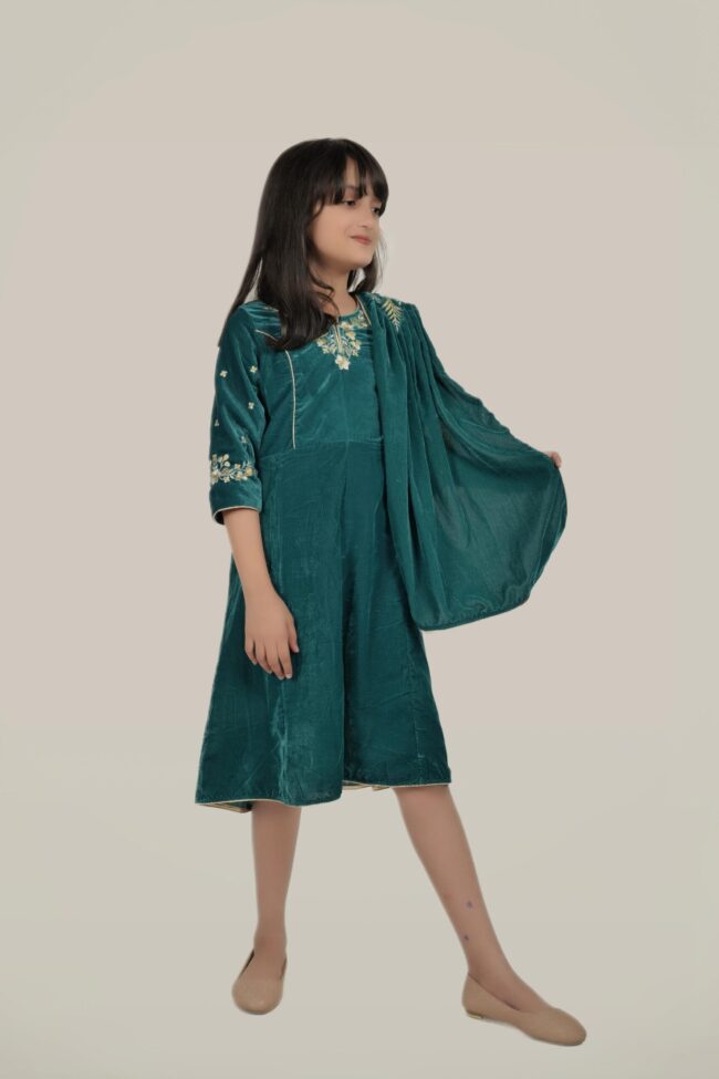 Kids Turquoise Velvet Embroided Flared Long Dress - Image 6