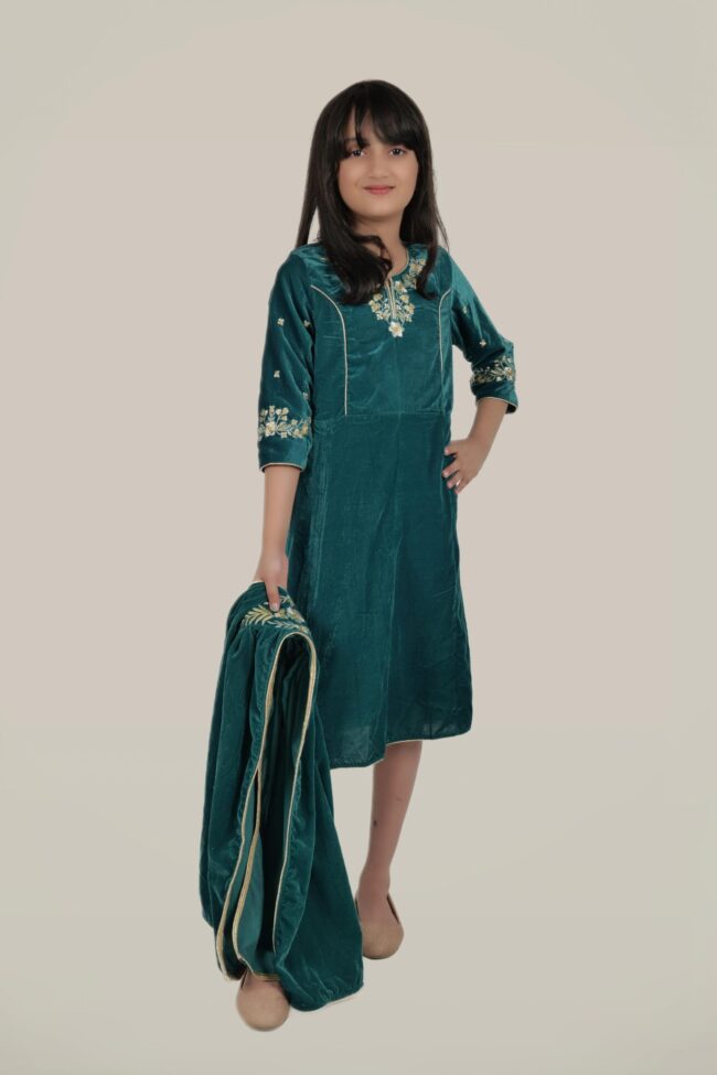 Kids Turquoise Velvet Embroided Flared Long Dress - Image 7