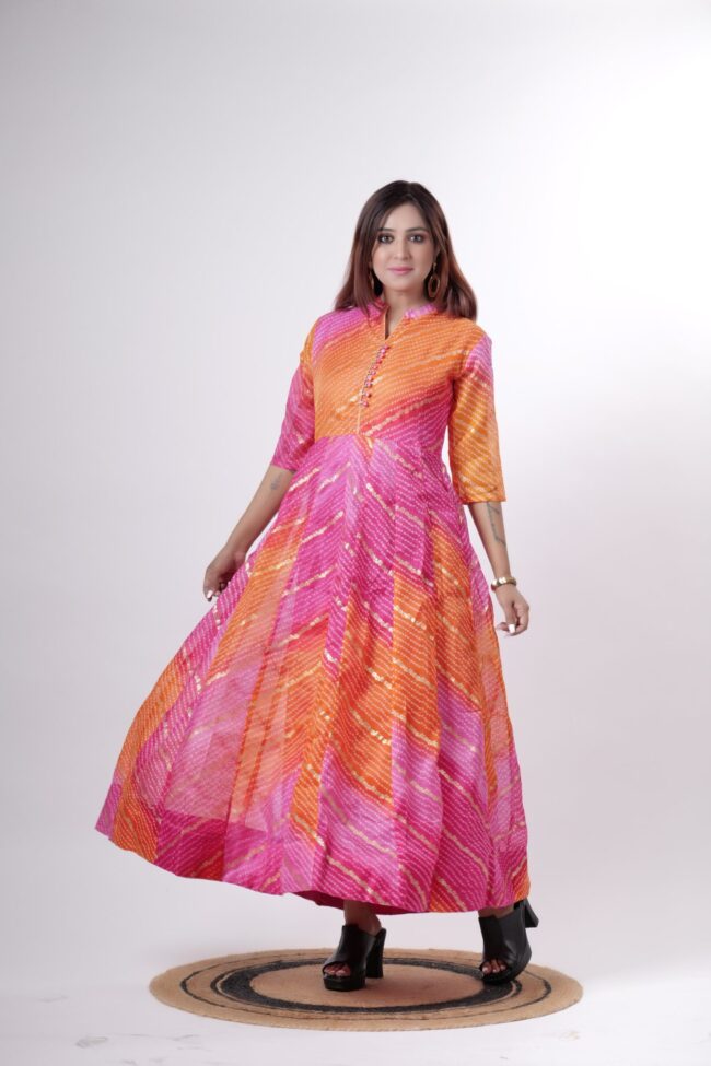 Women Rani Color Doria Printed Long Gown Detailed Neck with golden Piping