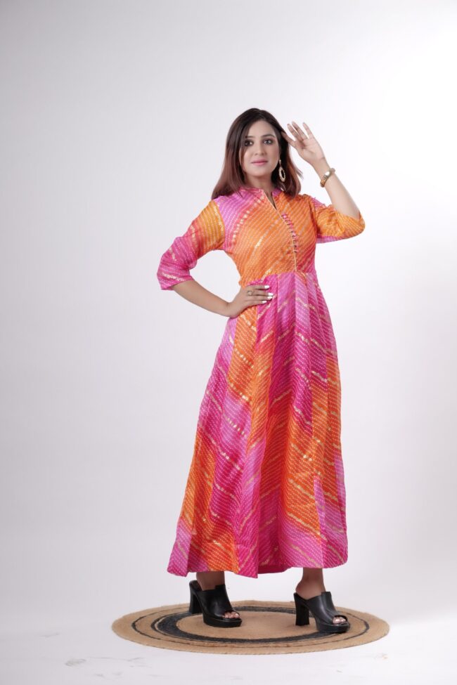 Women Rani Color Doria Printed Long Gown Detailed Neck with golden Piping - Image 4