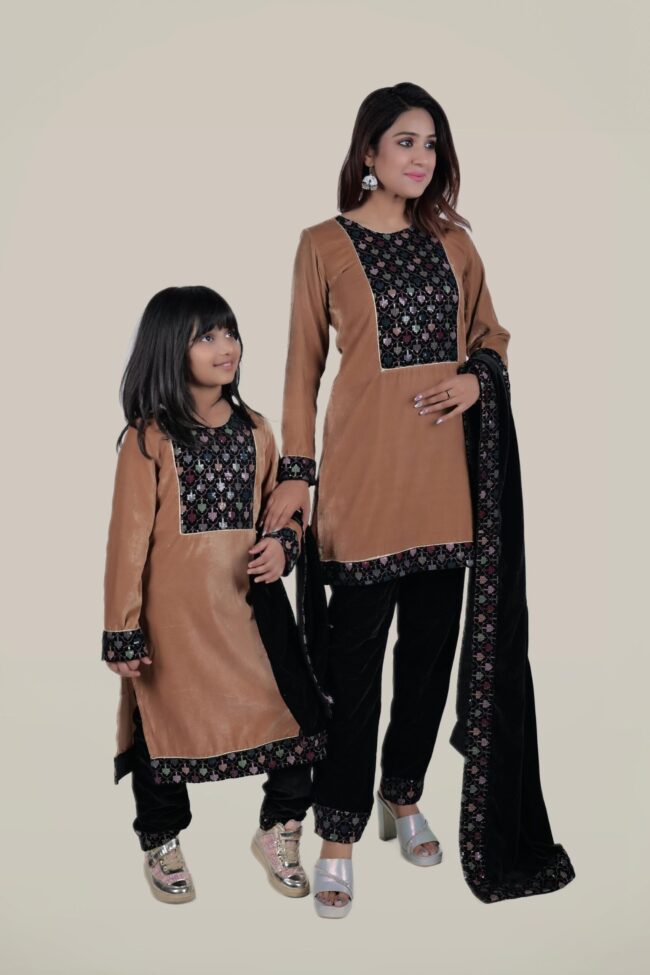 Kids Beige Velvet Embroided Straight Kurta With Sharara And Dupatta - Image 8