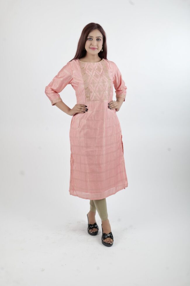 Women Peach Straight Kurta With Embroidery Work