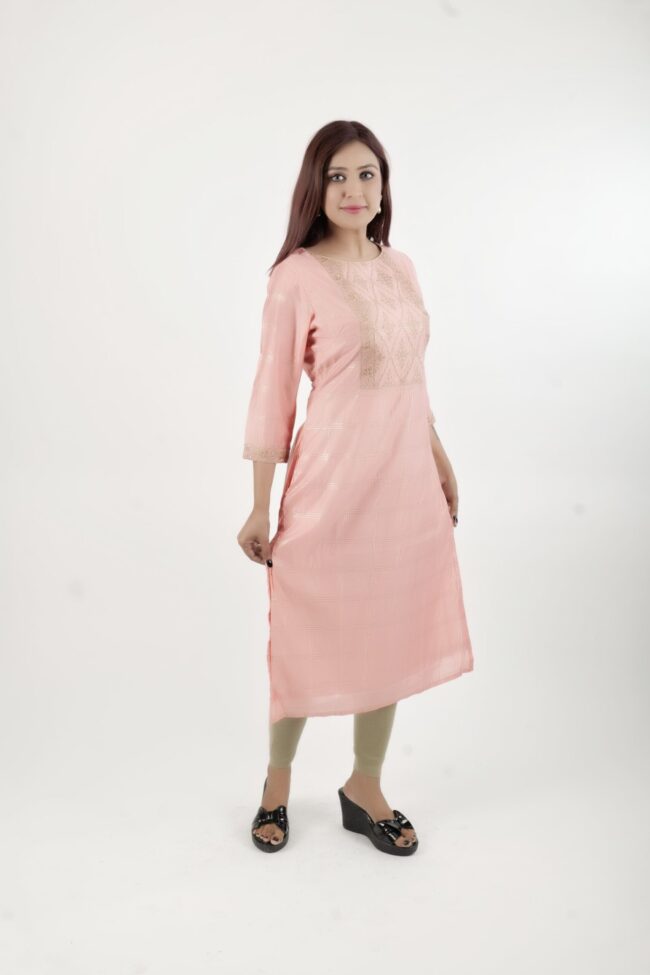 Women Peach Straight Kurta With Embroidery Work - Image 5