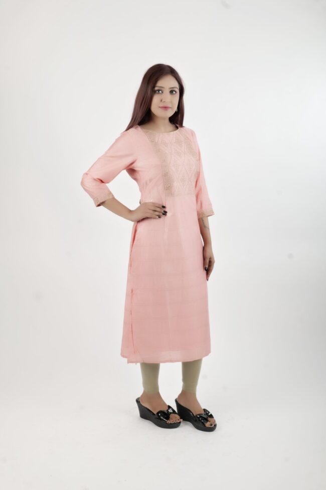 Women Peach Straight Kurta With Embroidery Work - Image 6