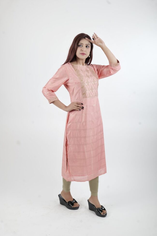 Women Peach Straight Kurta With Embroidery Work - Image 7