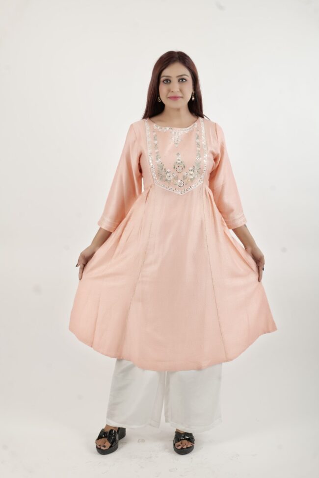 Women Peach Embroidered A Line Kurta