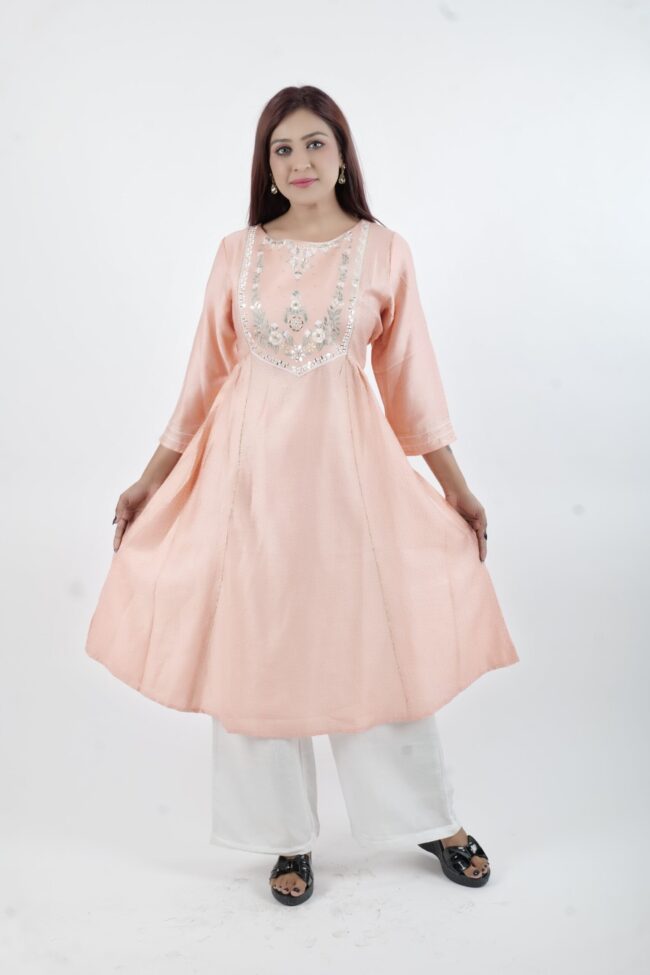 Women Peach Embroidered A Line Kurta - Image 7