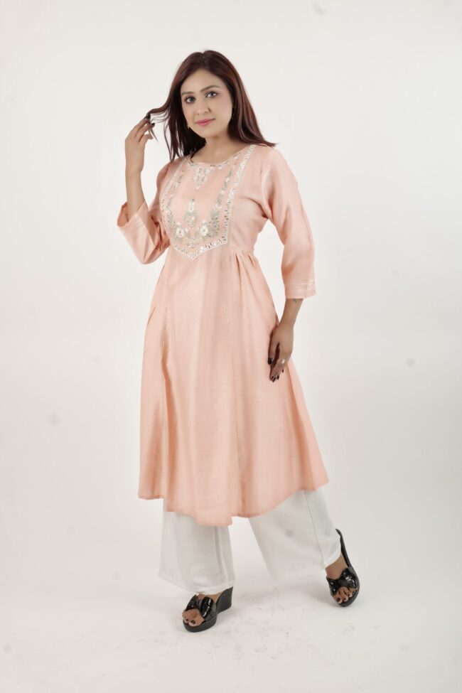 Women Peach Embroidered A Line Kurta - Image 6