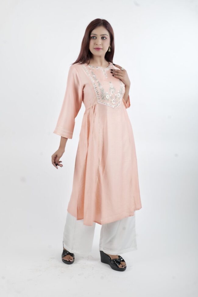 Women Peach Embroidered A Line Kurta - Image 5