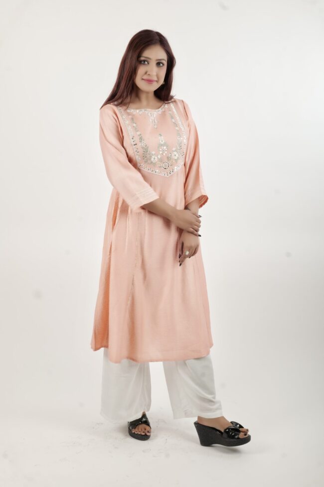 Women Peach Embroidered A Line Kurta - Image 4