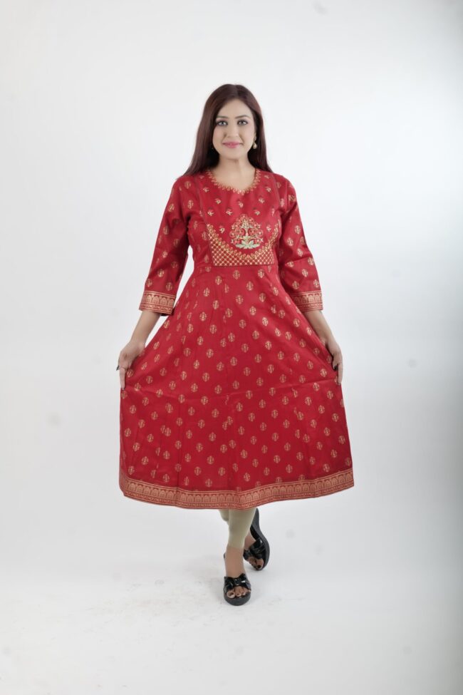 Women Red A Line Kurta With Golden Embroidery Work