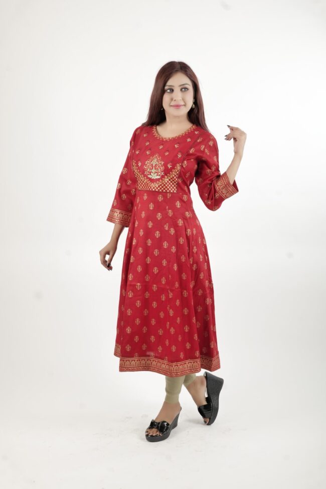 Women Red A Line Kurta With Golden Embroidery Work - Image 5