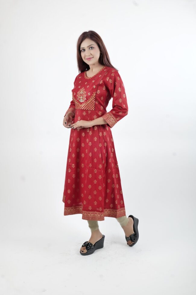 Women Red A Line Kurta With Golden Embroidery Work - Image 4