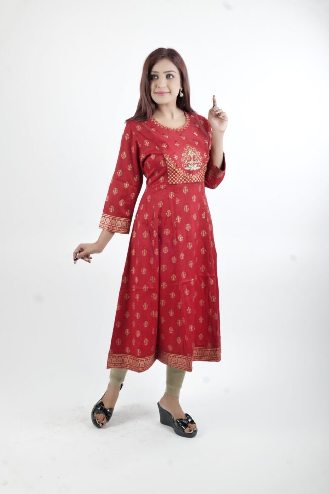 Women Red A Line Kurta With Golden Embroidery Work - Image 3