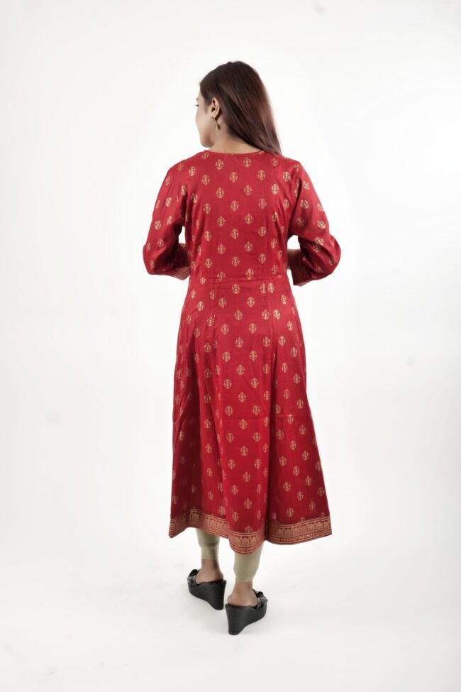 Women Red A Line Kurta With Golden Embroidery Work - Image 2