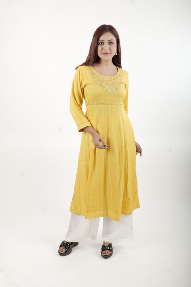 Women Ethnic A Line Kurta With Golden Embroidery Work