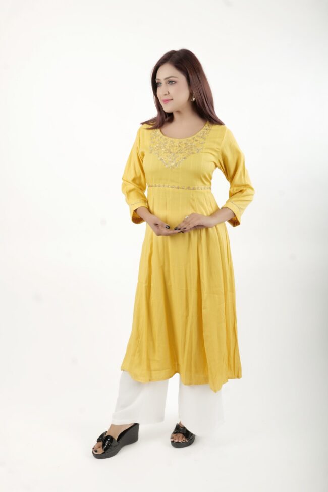 Women Ethnic A Line Kurta With Golden Embroidery Work - Image 6