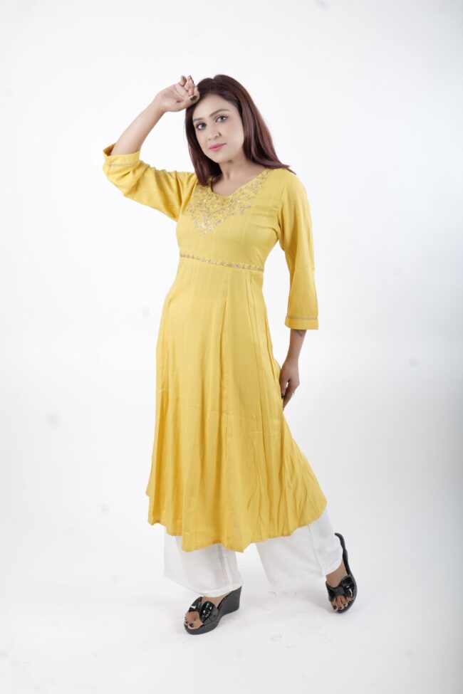 Women Ethnic A Line Kurta With Golden Embroidery Work - Image 5