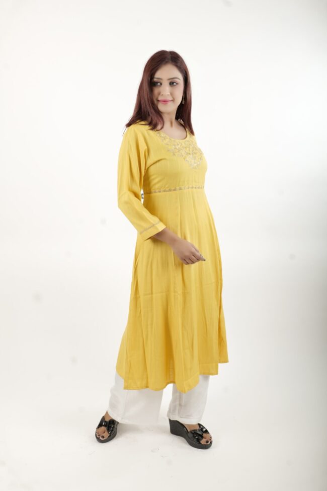 Women Ethnic A Line Kurta With Golden Embroidery Work - Image 4