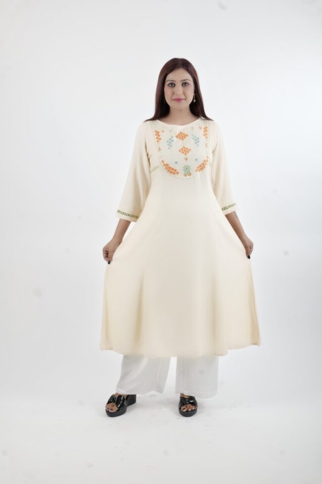 Women Cream A Line Kurta With Embroidery Yoke Pattern