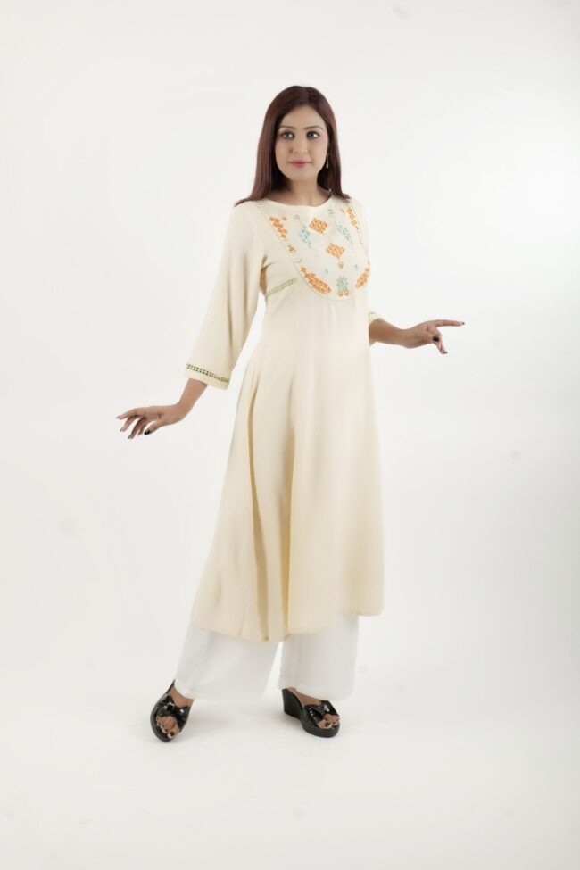 Women Cream A Line Kurta With Embroidery Yoke Pattern - Image 7