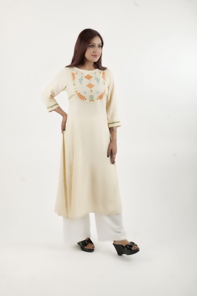 Women Cream A Line Kurta With Embroidery Yoke Pattern - Image 6