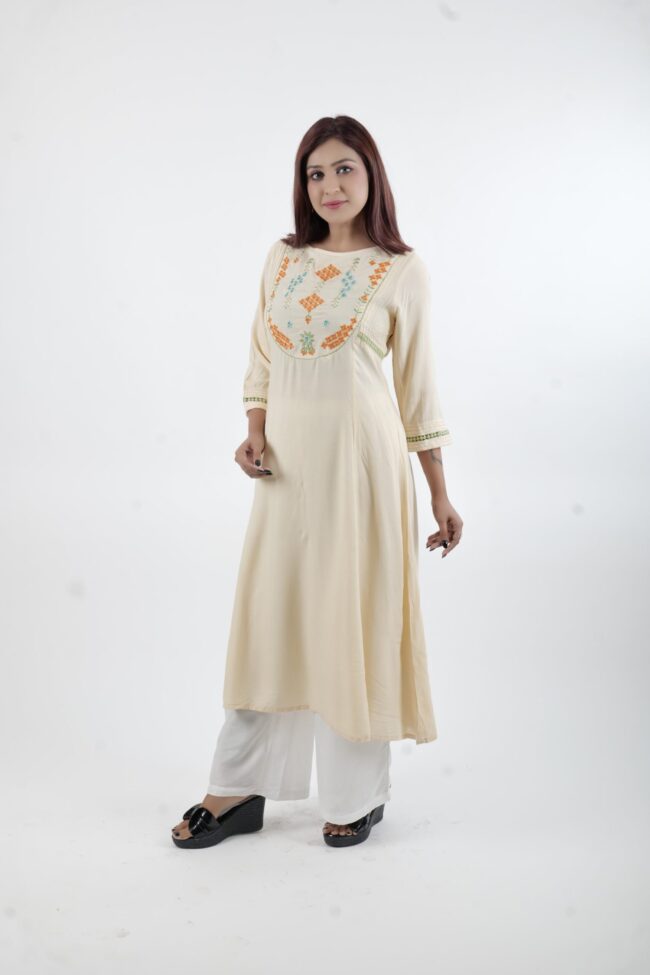 Women Cream A Line Kurta With Embroidery Yoke Pattern - Image 5