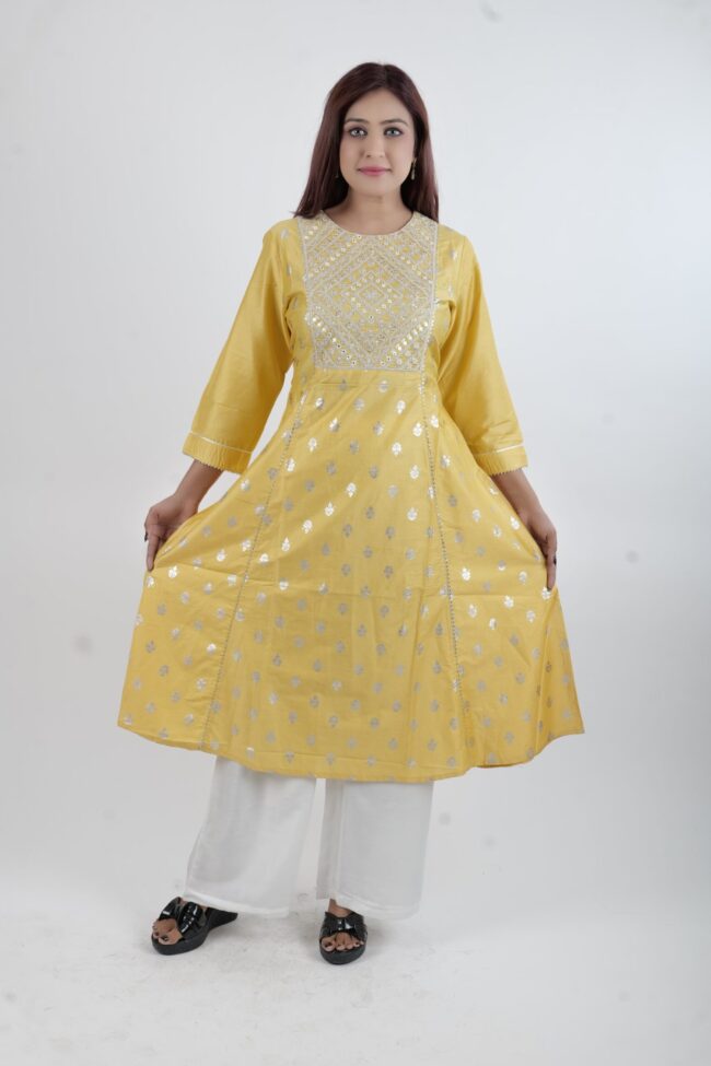 Women A Line Kurta With Silver Embroidery Work