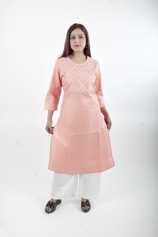 Women Peach Embroidered Straight Kurta With White Thread Work - Image 2