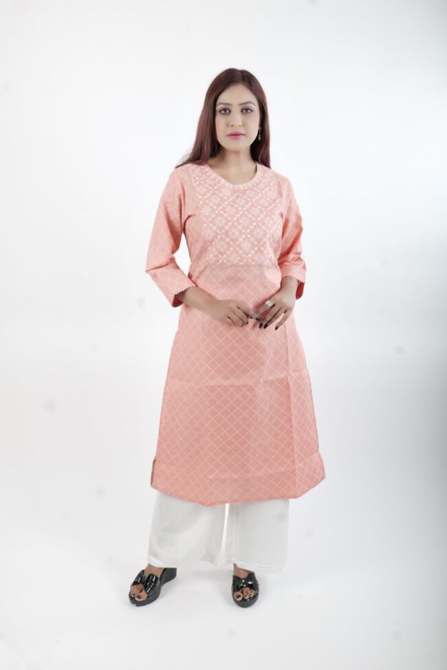 Women Peach Embroidered Straight Kurta With White Thread Work