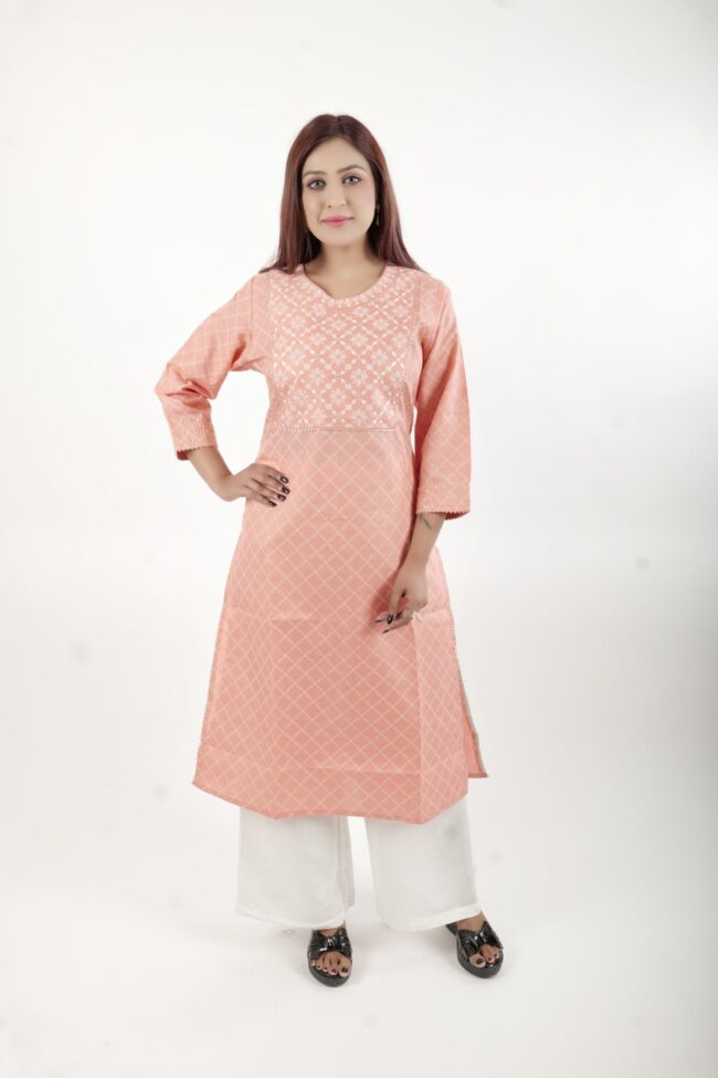 Women Peach Embroidered Straight Kurta With White Thread Work - Image 7