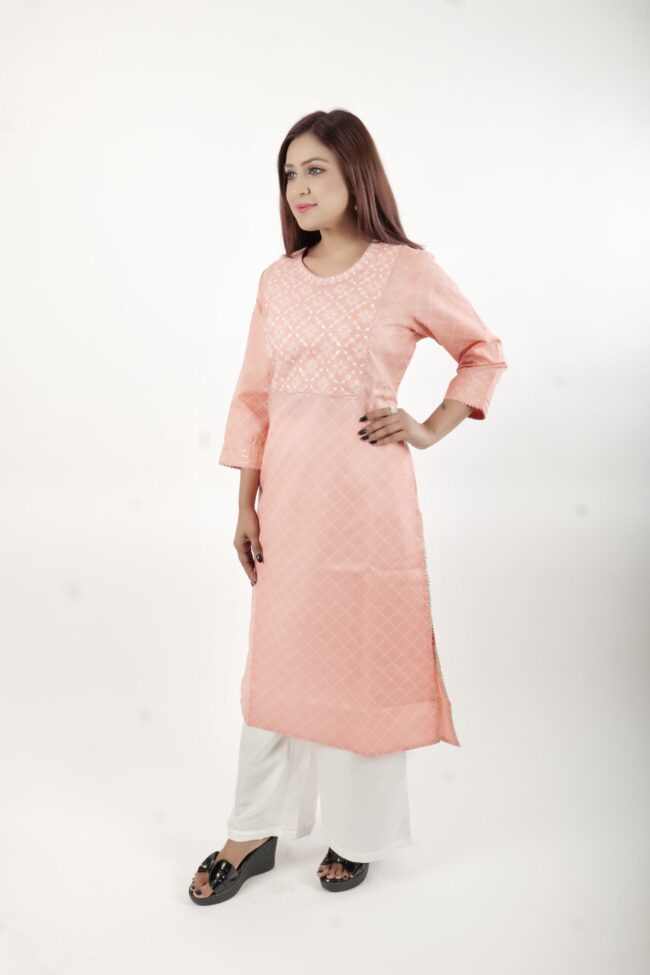 Women Peach Embroidered Straight Kurta With White Thread Work - Image 6