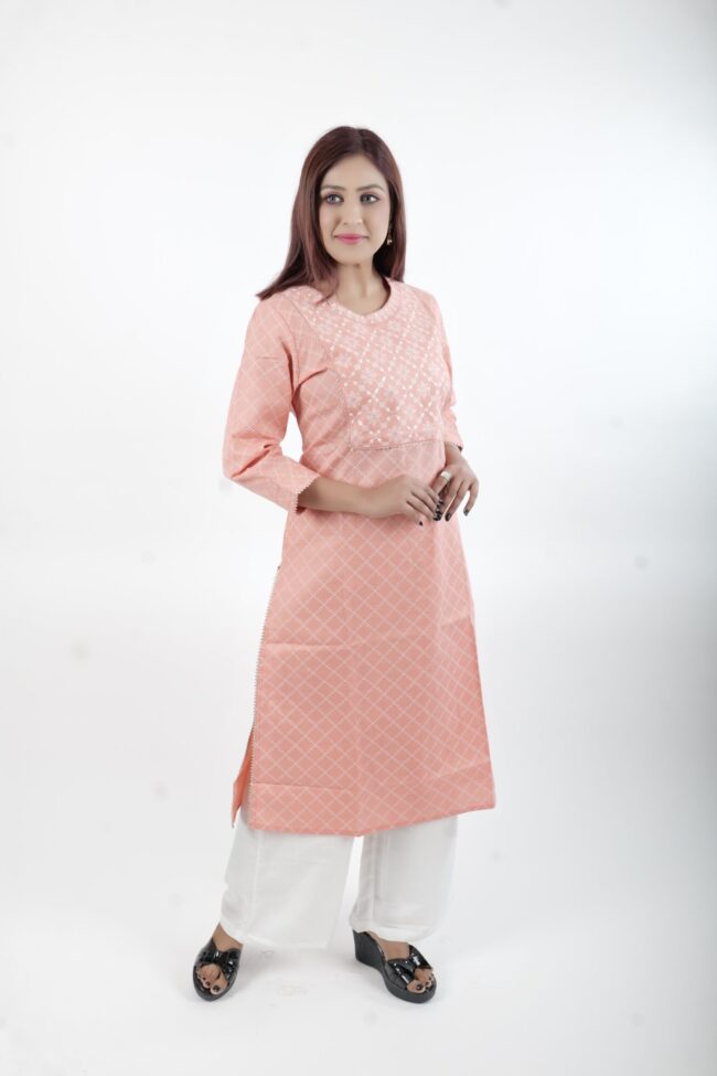 Women Peach Embroidered Straight Kurta With White Thread Work - Image 5