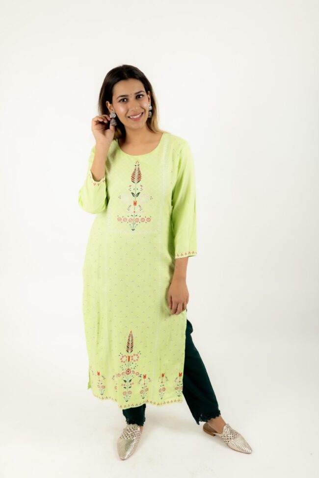 Women Green Cotton Embroidered Kurta Palazzo Set