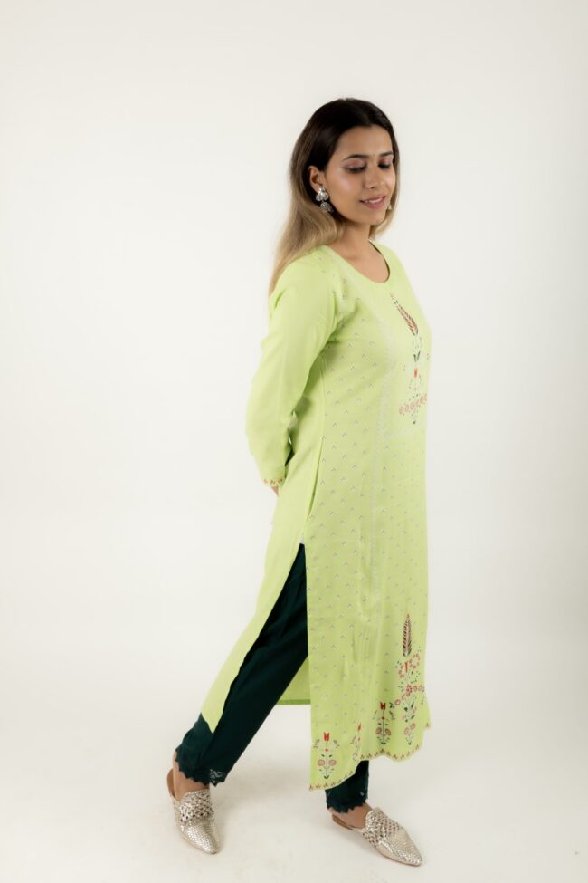 Women Green Cotton Embroidered Kurta Palazzo Set - Image 5