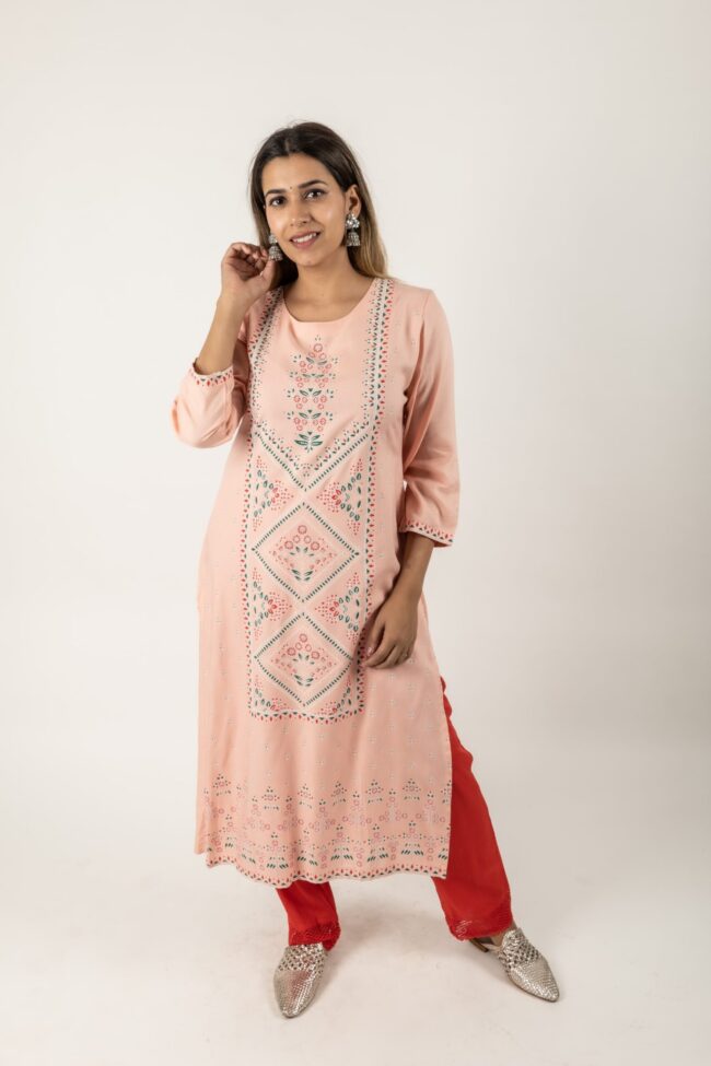 Women Polycrep Kurta Palazzo Set With Block Print Pattern