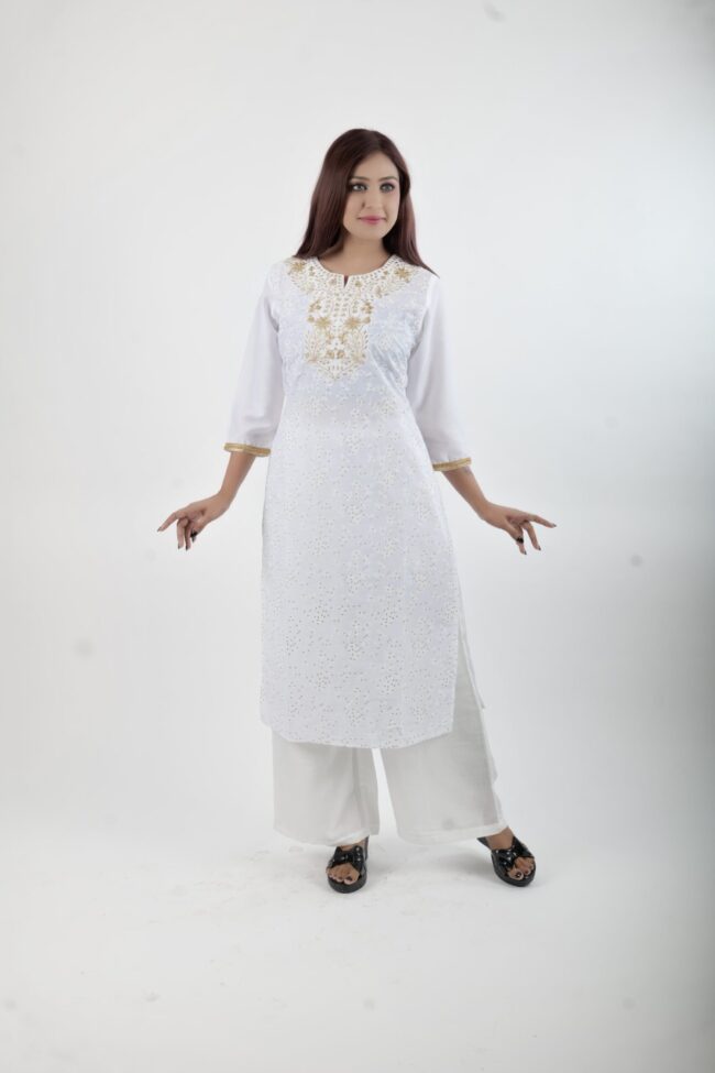 Women White Straight Kurta With Golden Embroidery Work - Image 8