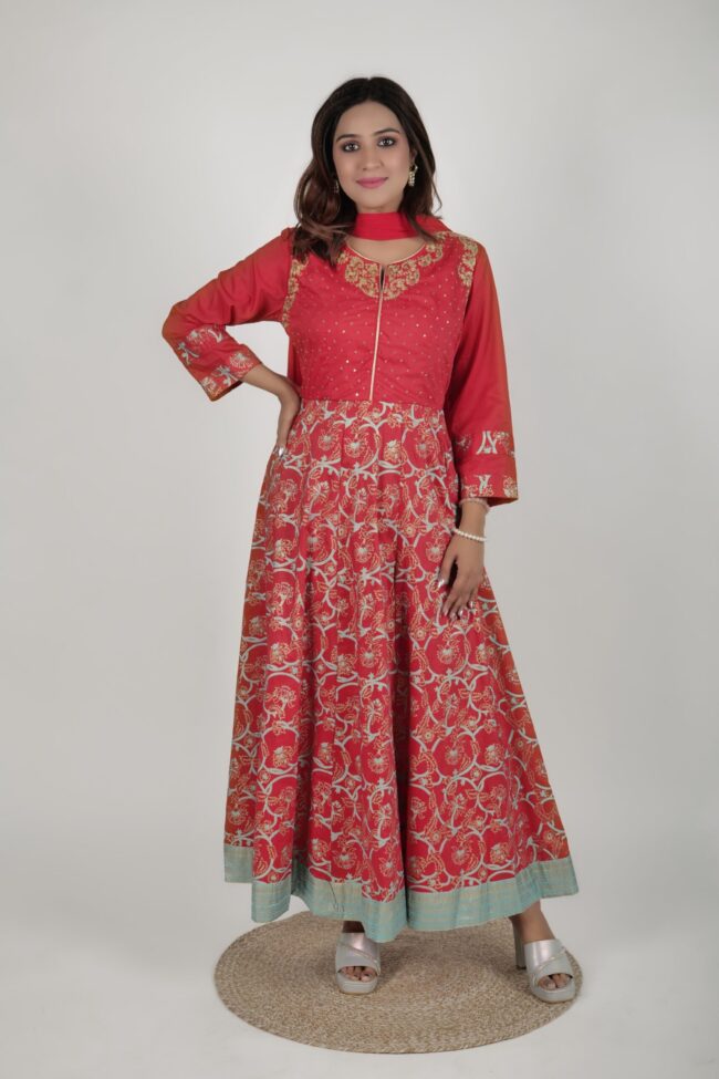 Women Red Muslin Embroided And Foil Print Flared Long Dress With Dupatta