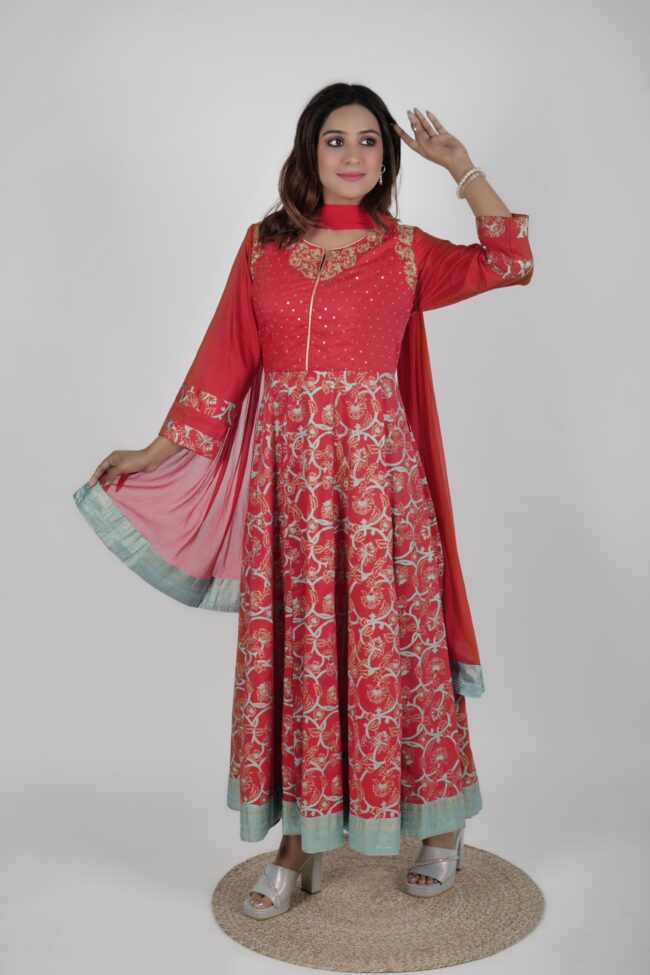 Women Red Muslin Embroided And Foil Print Flared Long Dress With Dupatta - Image 2