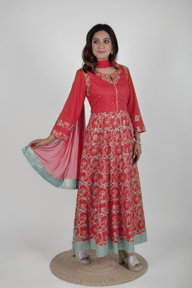 Women Red Muslin Embroided And Foil Print Flared Long Dress With Dupatta - Image 3